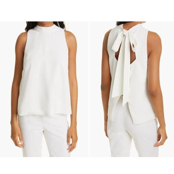 Milly Womans Daphne Cady Blouse Shirt Top Size L Off White Ecru Tie Back Bow nwt - Picture 1 of 7
